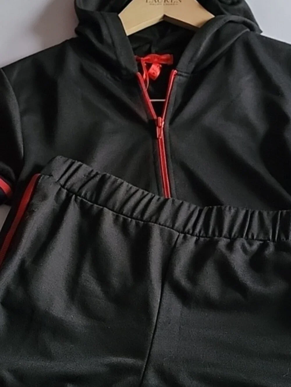 New Black & Red Stripes Short Sleeve Hoodie & Shorts Set